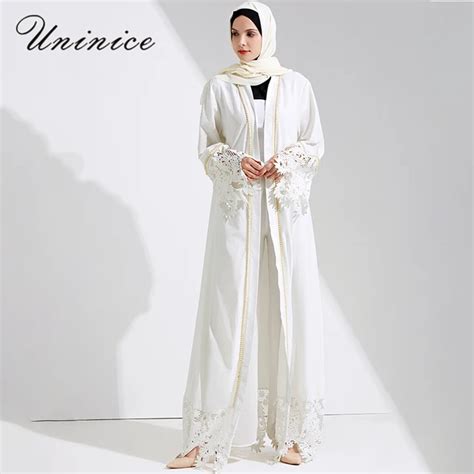 Muslim Open Abaya Maxi Dress Lace Beading Jilbab Cardigan Long Robe