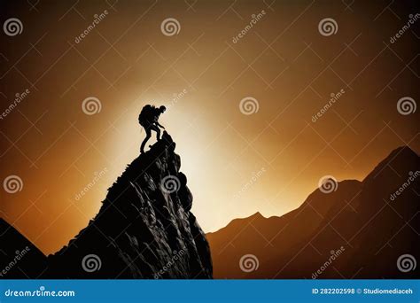 A Silhouette Of Man Climbing On Rock Mountain Silhouette Of A Champion