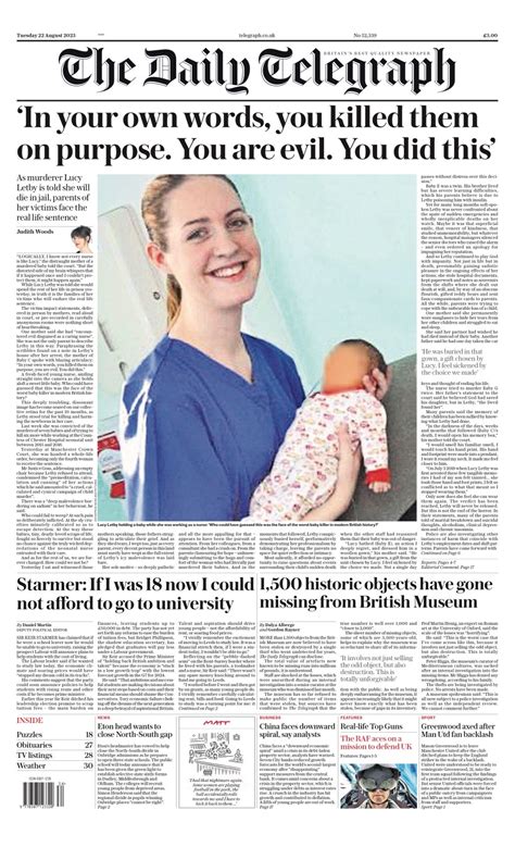 Daily Telegraph Front Page 22nd Of August 2023 Tomorrow S Papers Today