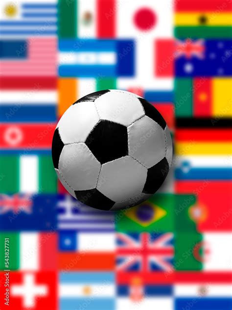 Soccer Ball Floating Over World Flags Qatar 2022 Fifa World Cup Stock