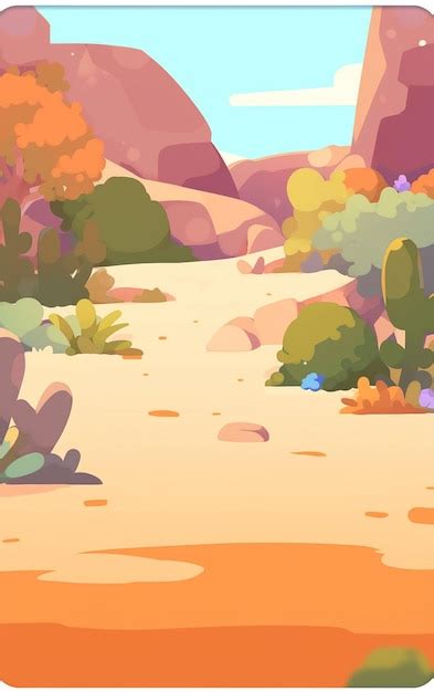 Escena Del Desierto De Dibujos Animados Con Plantas De Cactus Y Rocas En Primer Plano Foto Premium