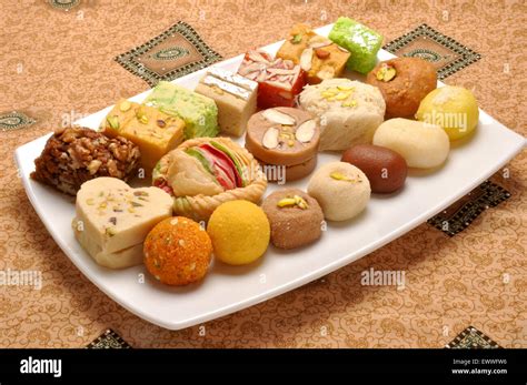 Mix Mithai In White Tray Stock Photo Alamy