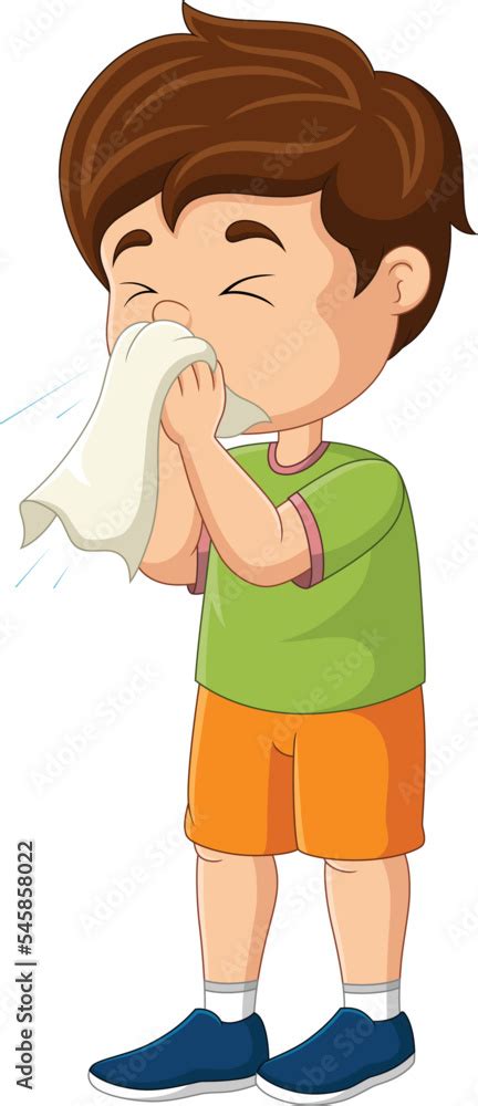 Cute little boy sneezing with blowing nose into tissue paper Stock ...