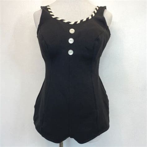 1960s Swimsuit Penneys One Piece Black White Stripe Vintage 38 16