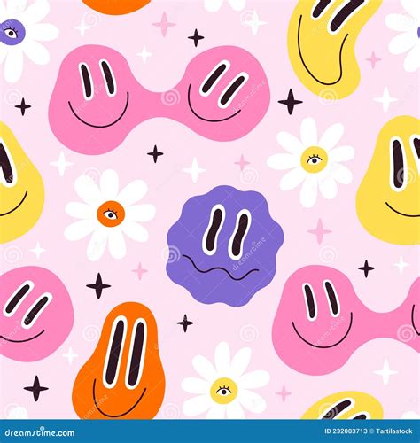 Melted Smiley Faces And Flowers Trippy Seamless Pattern Retro Hippie