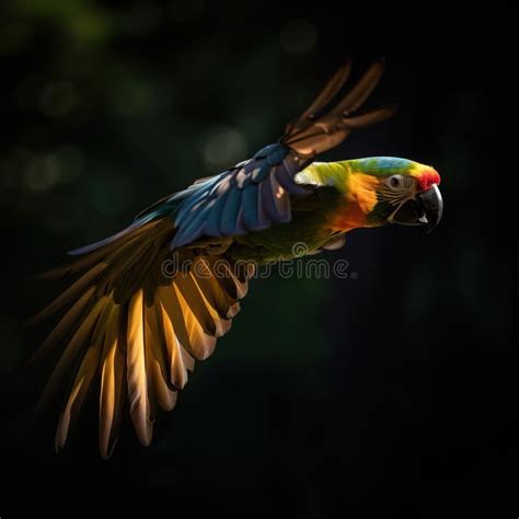 A Colorful Parrot Flying Through The Air With Its Wings Spread Out And