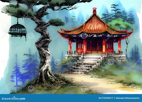 Landscape of Chinese Temple on the Mountain. Digital Painting Stock ...