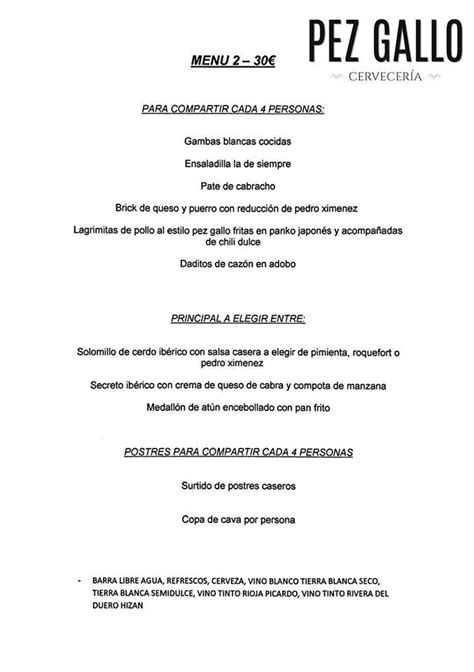 Carta del restaurante Pez Gallo Cervecería Cádiz