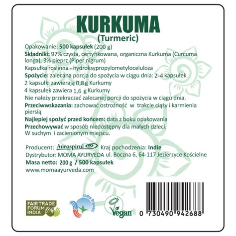 Kurkuma 500 kapsułek Moma Ayurveda Organiczne zioła