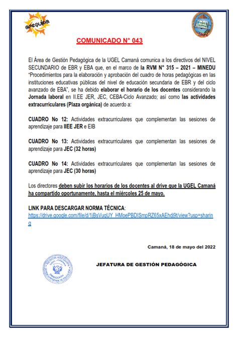 Comunicado N° 043 Elaboración De Horario De Los Docentes Considerando