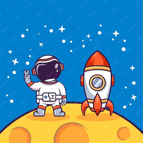 Lindo Astronauta De Dibujos Animados En La Luna Con Ilustración De Vector De Cohete Vector Premium