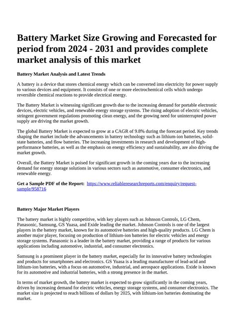 Reportprime - Battery Market Size Growing and Forecasted for period