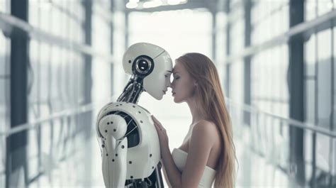 Premium Photo | Relationship between robot and woman Woman kissing ...