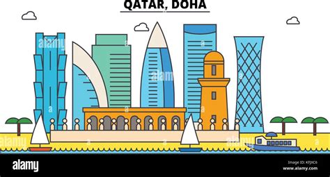 Qatar Doha Outline City Skyline Linear Illustration Banner Travel