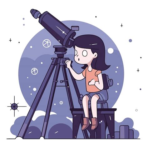 Niña mirando a través del telescopio al estilo de dibujos animados