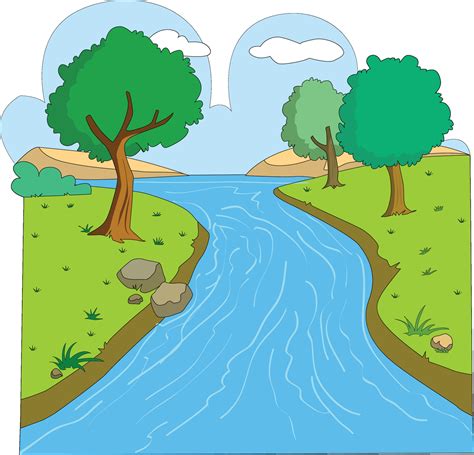 Vector Illustration Showing Stream Of River With Trees On Both Sides