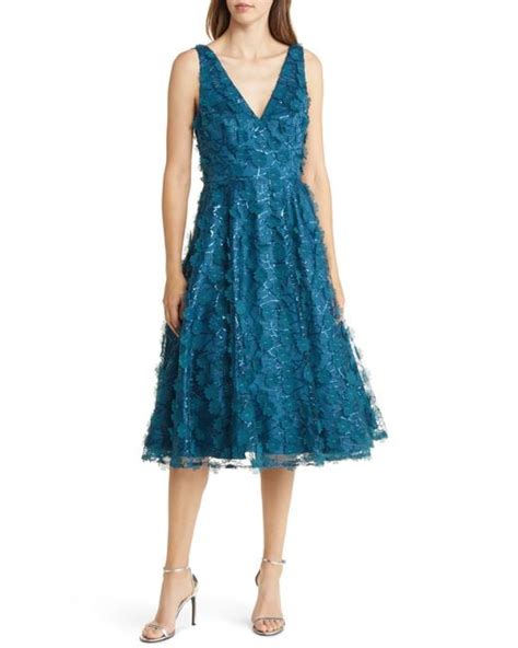 Eliza J Petite V Neck Sequin Floral Fit Flare Dress In Blue Lyst