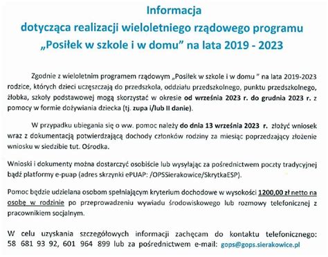 Informacja w sprawie dofinansowania dożywiania dziecka na rok szkolny