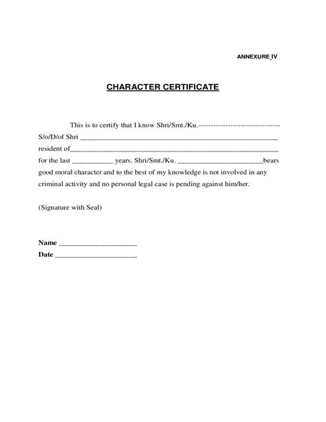 Sample Character Certificate Free Download