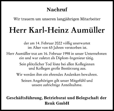 Traueranzeigen von Karl Heinz Aumüller Augsburger Allgemeine Zeitung