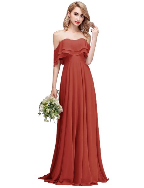 CLOTHKNOW Chiffon Bridesmaid Dresses Long Strapless Shoulder Ruffles