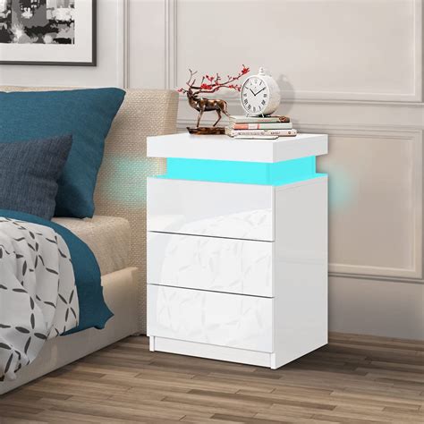 Buy Elfordson Bedside Table With 3 Drawers 4 Sides High Gloss Led