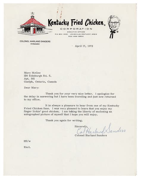 Colonel Harland Sanders Typed Letter Signed on KFC | RR Auction