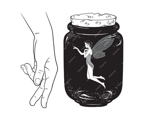 Premium Vector Beautiful Girl Fairy Pixie In Jar Line Art Isolated