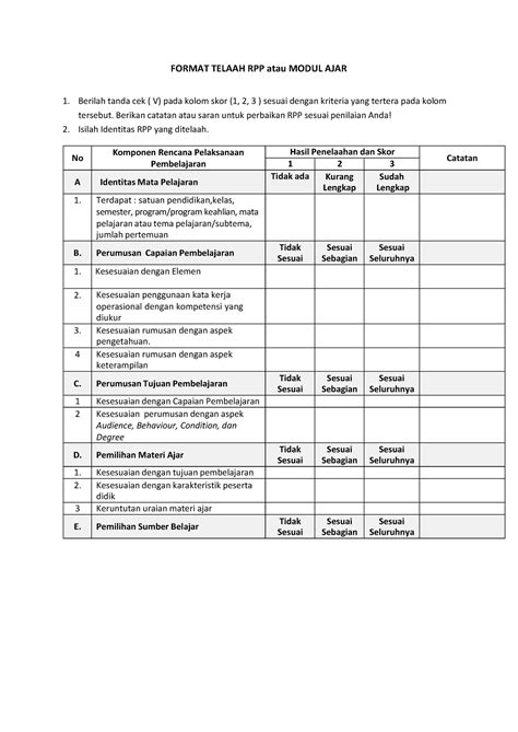 Mipa Rubrik Telaah Modul Ajar Format Telaah Rpp Atau Modul Ajar