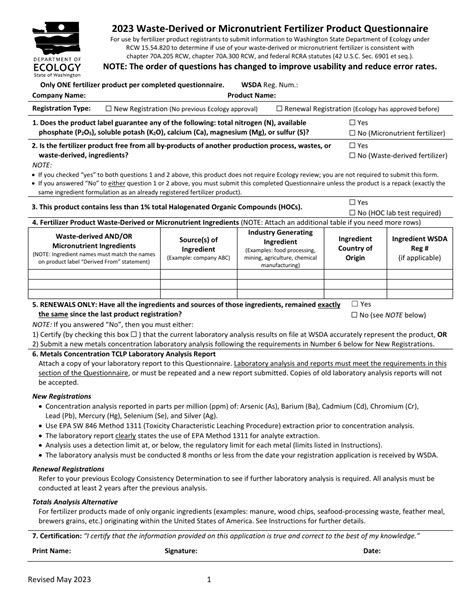 2023 Washington Waste Derived Or Micronutrient Fertilizer Product