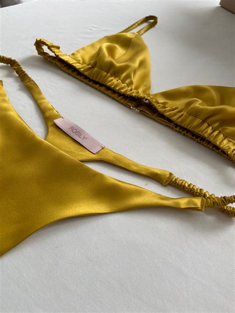 Mustard Yellow Silk Lingerie Set Silk Bralette Thong Etsy