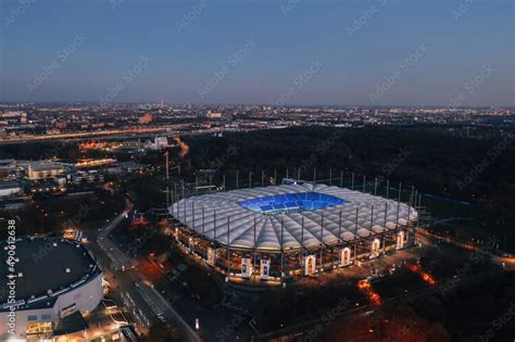 Aerial Night View Over The Illuminated Volksparkstadion Home Stadium