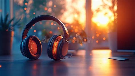 Headphones On Desk With Sunset Glow Generative Ai Stock Illustration Illustration Of