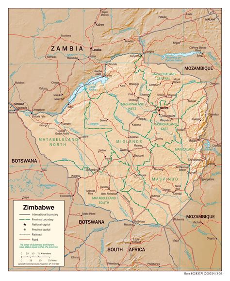 Large Political And Administrative Map Of Zimbabwe With Relief Roads