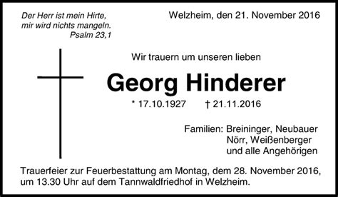 Traueranzeigen Von Georg Hinderer Zvw Trauer