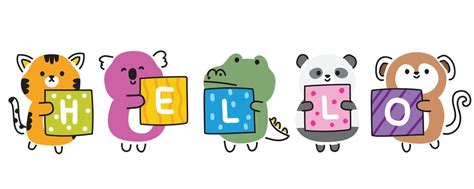 Set of cute animals hold hello text on box.Animals character design collection.Tiger,koala ...