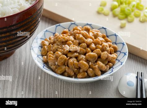 Bowl With Traditional Japanese Fermented Soybeans Called Natto And Rice