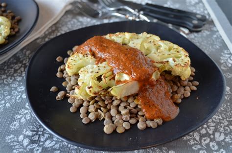 Cauliflower Steaks With Charred Red Pepper Sauce And Lentils