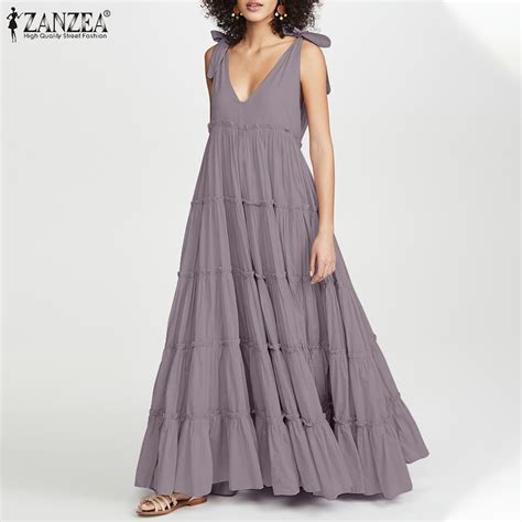 Zanzea Women Casual V Neck Patchwork Bowknot Sleeveless Maxi Dress