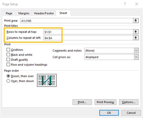 How to print header row and column in Excel