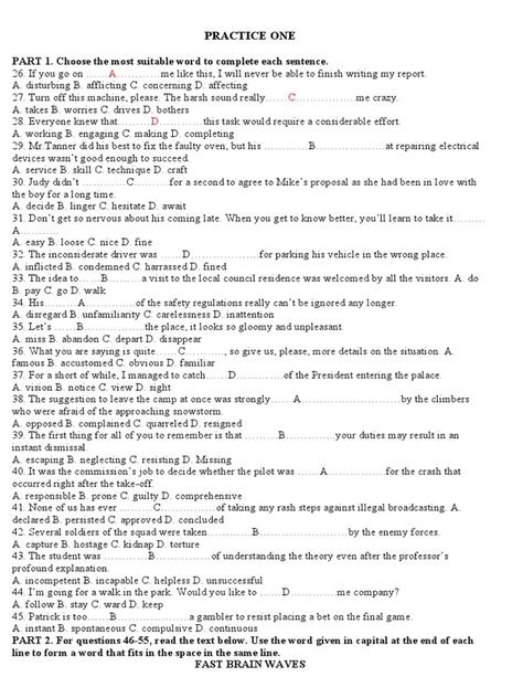 Practice One Part 1 Choose The Most Suitable Word To Complete Each