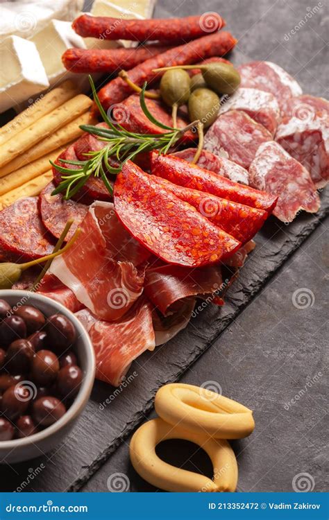 Charcuterie Board With Chorizo Jamon Pork Sausage With Pepper Fuet