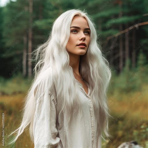 Portrait of beautiful young woman with long white hair in the forest ...