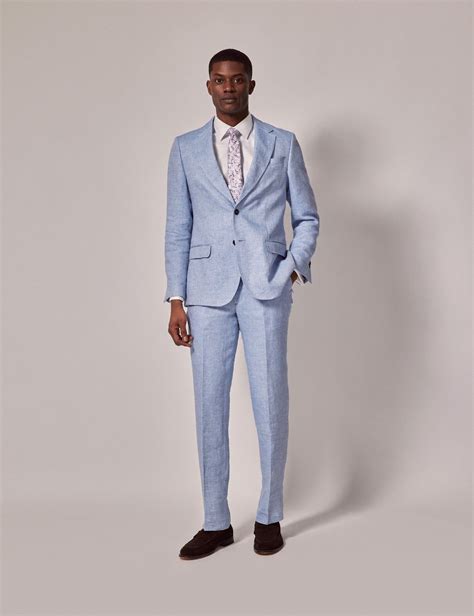 Men S Light Blue Herringbone Linen Piece Tailored Fit Italian Suit