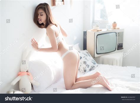 Sexy Beautiful Asian Woman White Lingerie Stock Photo