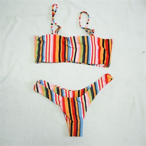 Medium Colourful Striped Cami Bikini Swimsuit Womens Fashion