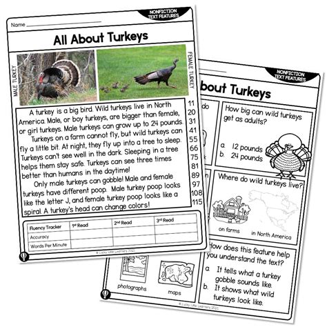 1st Grade Nonfiction Text Features Reading Passage All About Turkeys