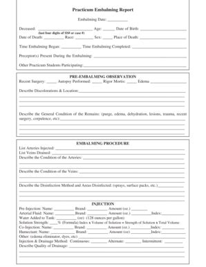 Embalming Case Report Form Printable