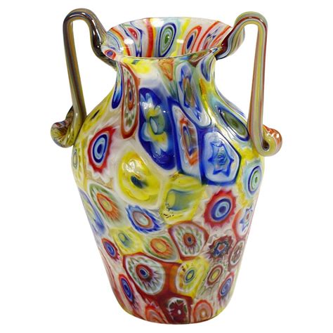 Vase monumental à deux anses en verre de Murano Millefiori Fratelli