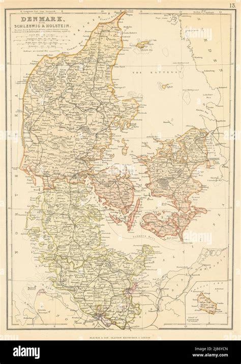 DENMARK SCHLESWIG & HOLSTEIN. Railways. Scale in Danish miles. BLACKIE 1886 map Stock Photo - Alamy